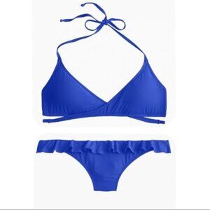 J. Crew Wrap Front Halter Ruffle Hipster Bikini in Bistro Blue Size XL NWT